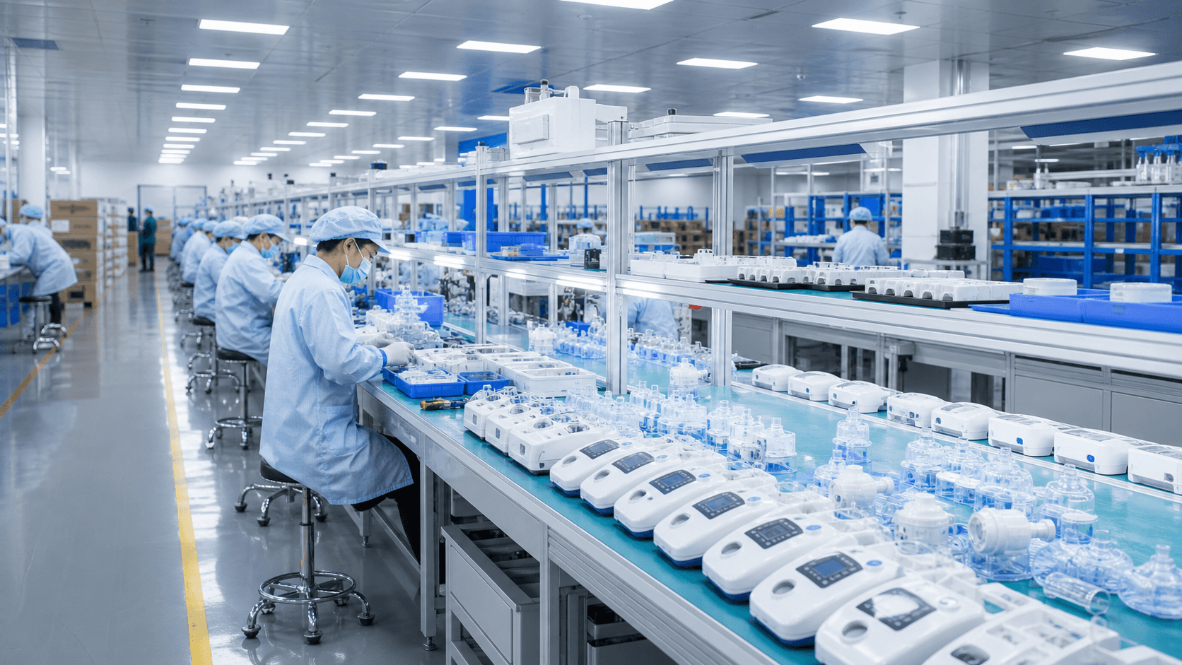 Clean medical device workshop with home healthcare devices on assembly lines