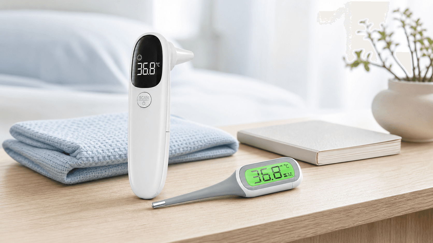 Infrared and digital contact thermometers in a bright home healthcare setting