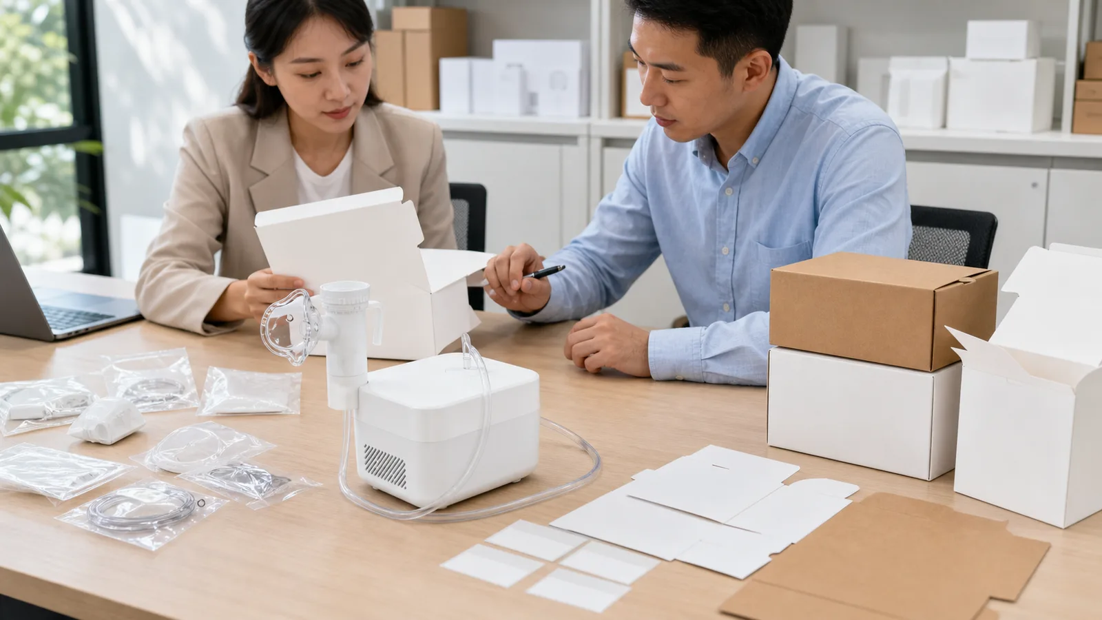 Compressor nebulizer sample reviewed with accessories and blank packaging mockups