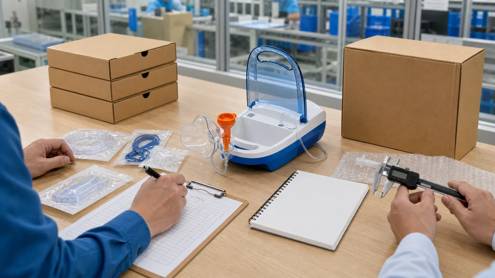 Compressor nebulizer sample prepared with inspection checklist and shipping cartons for RFQ review