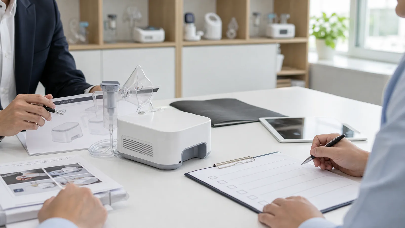 Compressor nebulizer sample reviewed during a B2B supplier evaluation meeting
