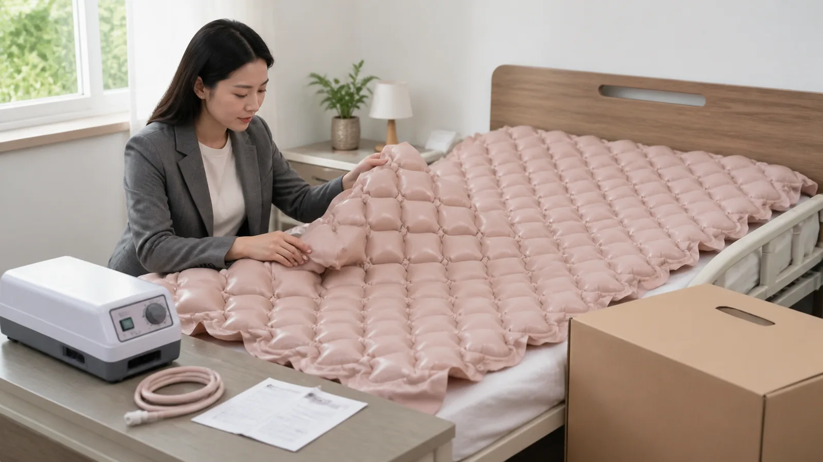 Bubble medical air mattress structure reviewed in a clean home-care product demonstration room