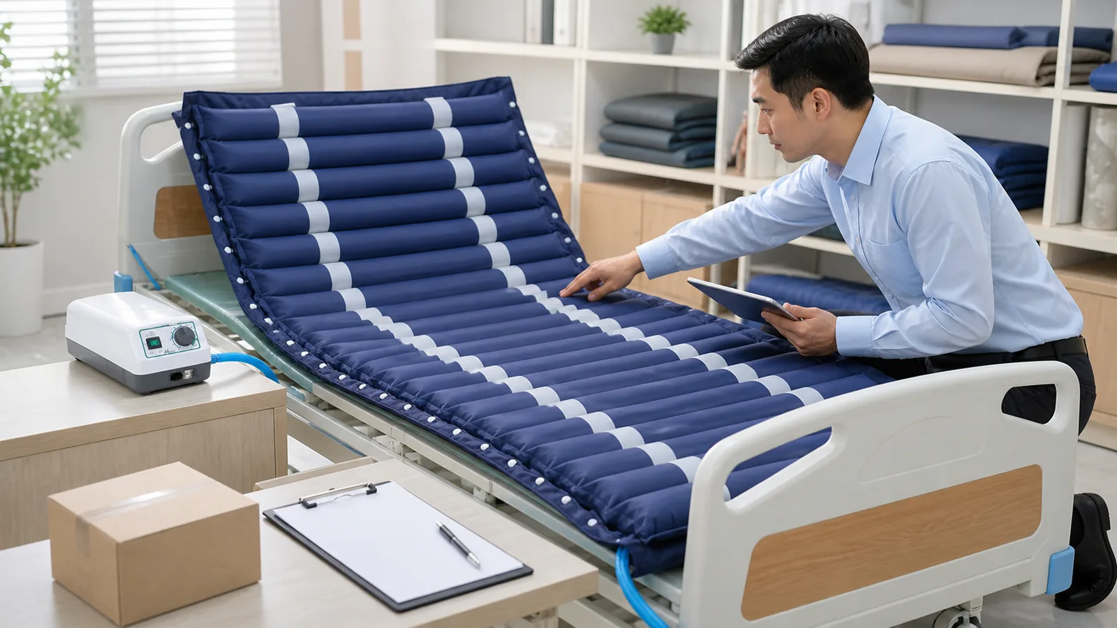 Tubular medical air mattress structure reviewed in a clean healthcare product showroom