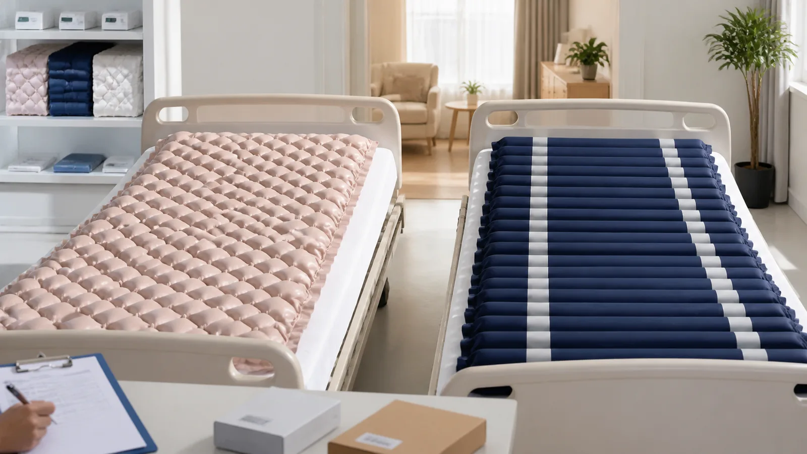 Bubble and tubular medical air mattress structures shown in a B2B sourcing comparison scene