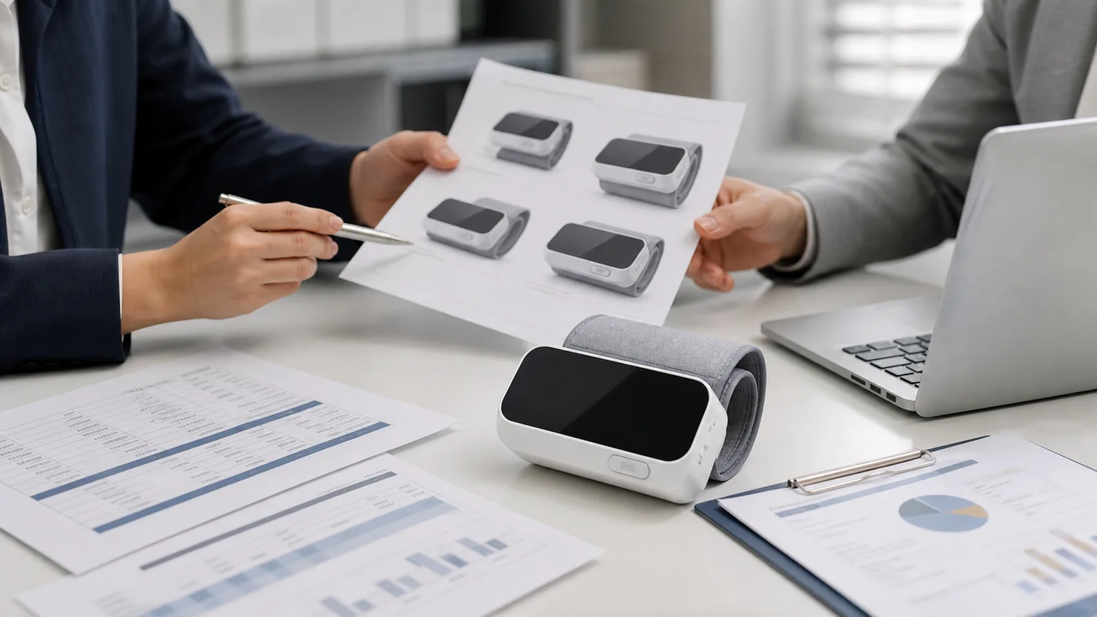 Procurement team comparing blood pressure monitor manufacturer options