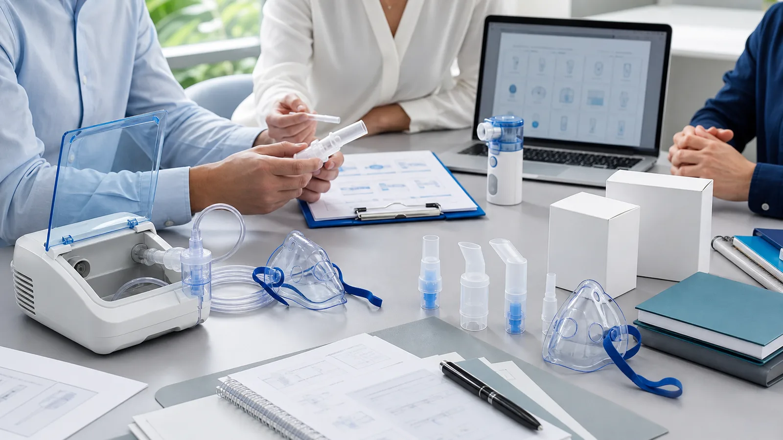 Distributor team comparing nebulizer mask and mouthpiece accessory options