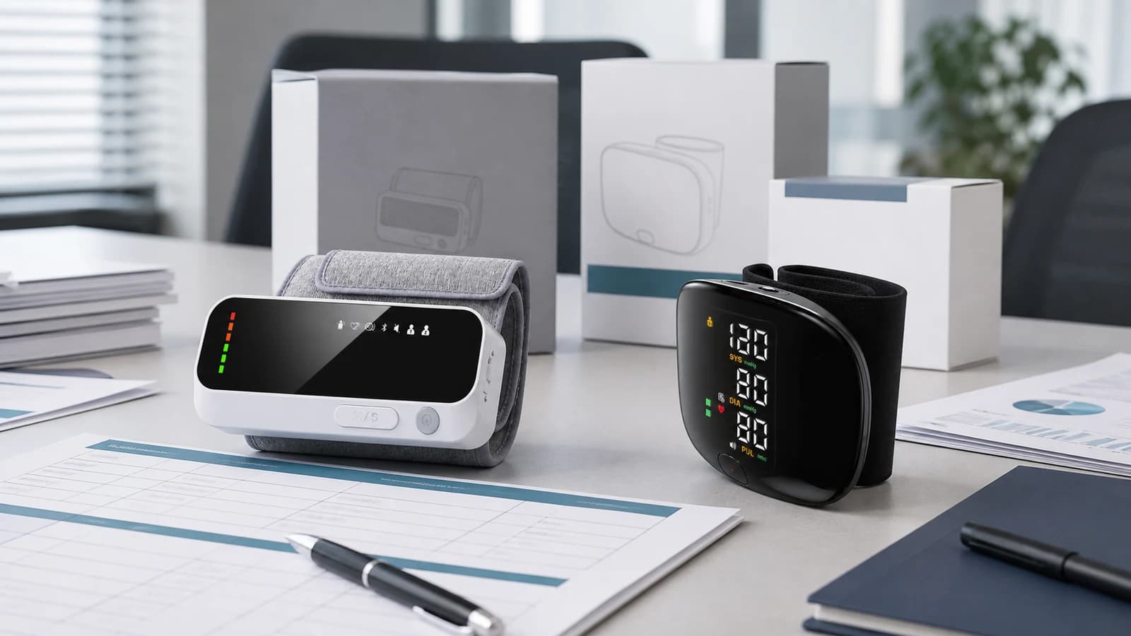 B2B buyer reviewing upper-arm and wrist blood pressure monitor samples for channel planning