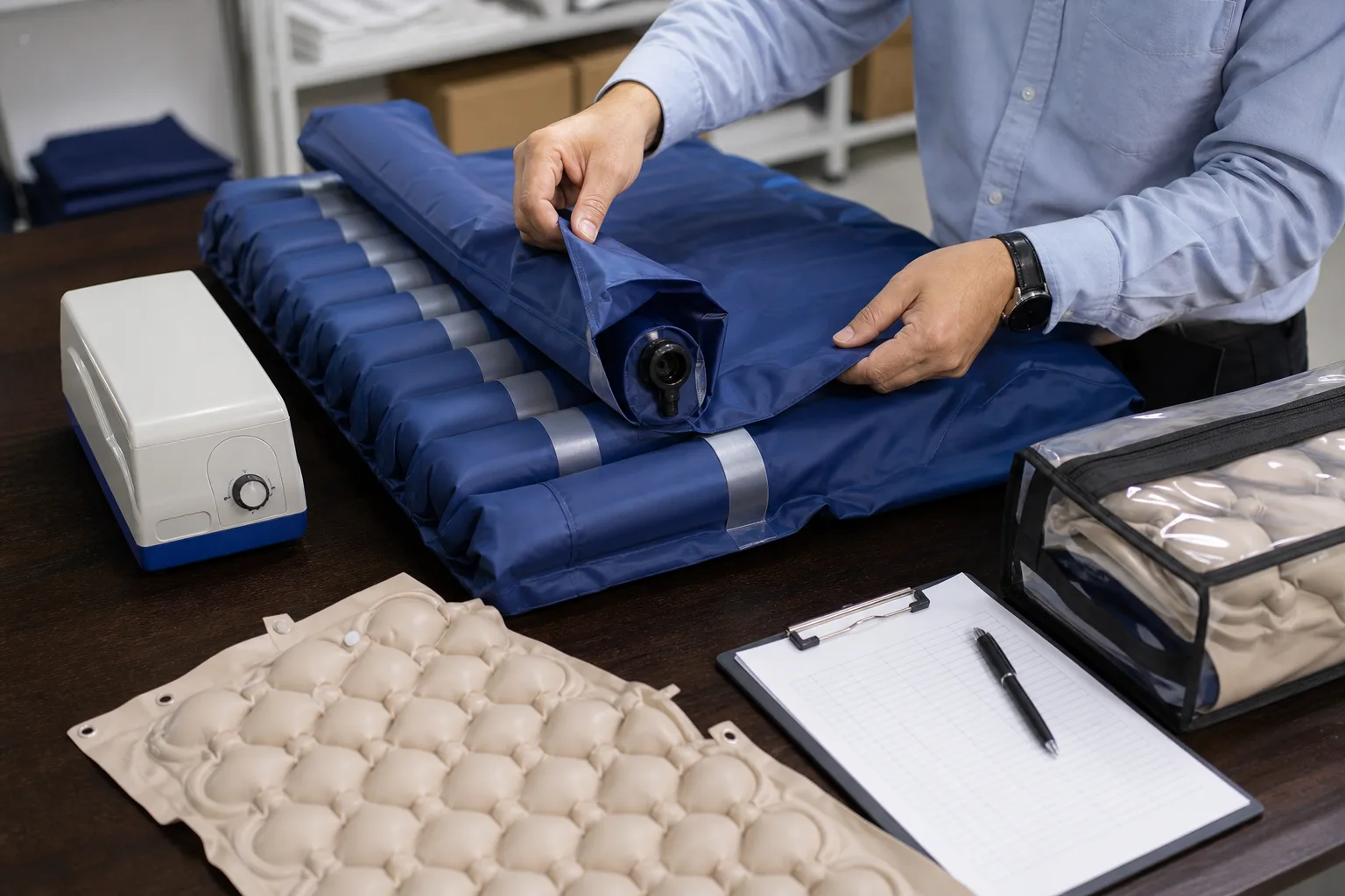 Medical air mattress sample inspection with pump and buyer review documents
