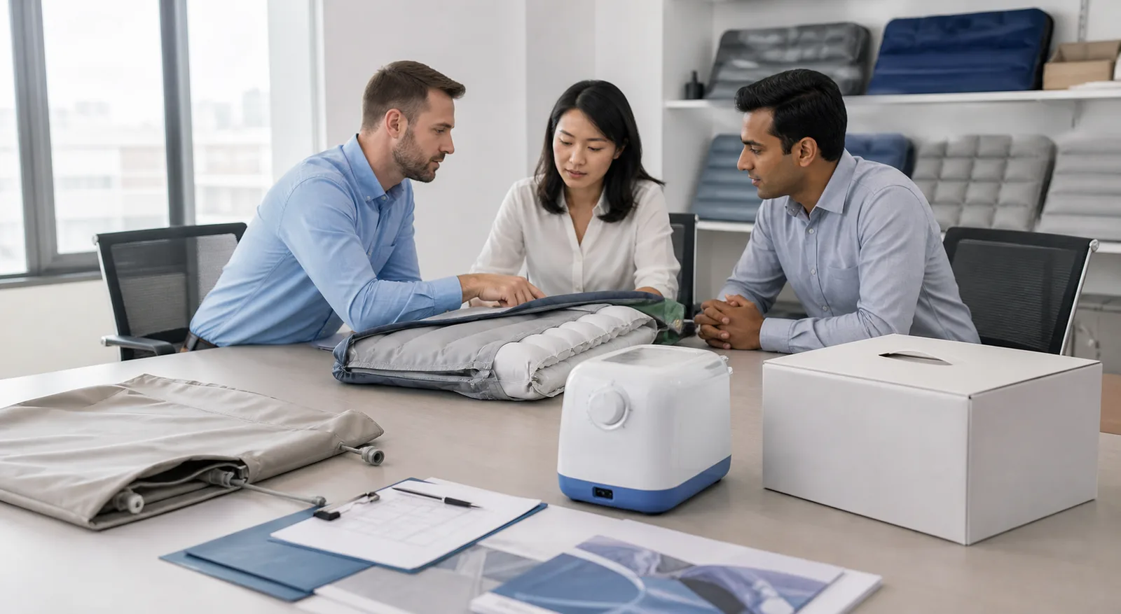 B2B buyers reviewing medical air mattress sample, pump, and packaging readiness