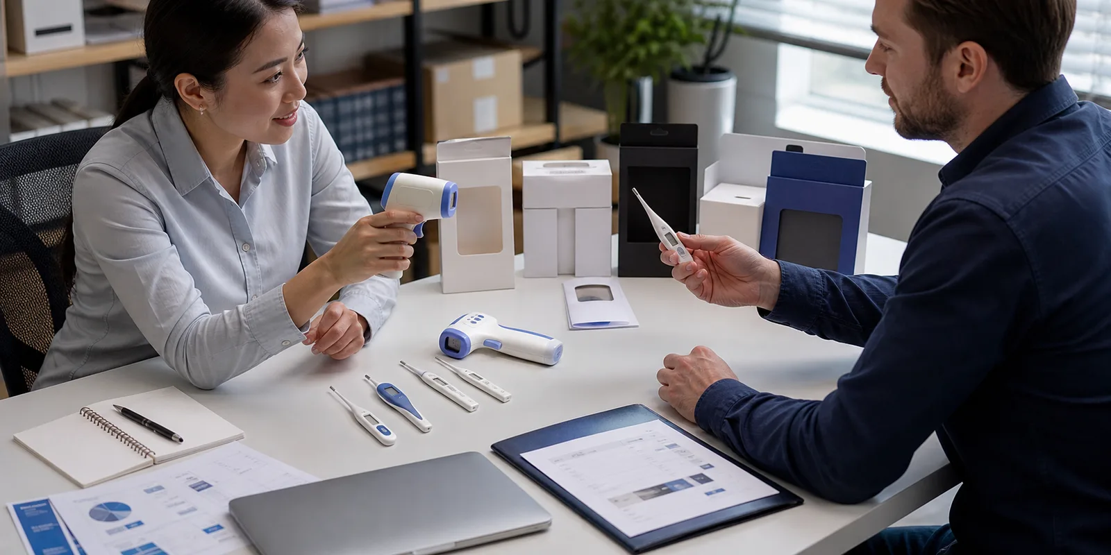 Importer comparing digital and infrared thermometer samples for B2B stocking decisions
