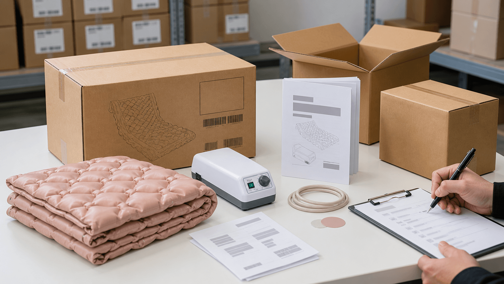 Pressure care mattress carton, manual, pump, and sample packing review