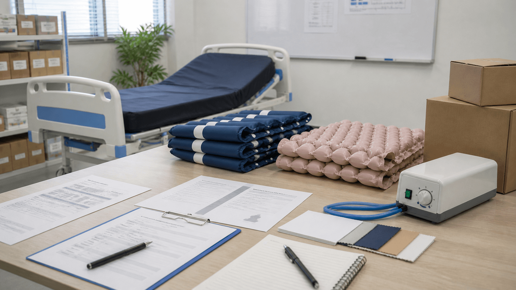 Pressure care mattress samples, pump, cartons, and documents prepared for distributor sourcing review