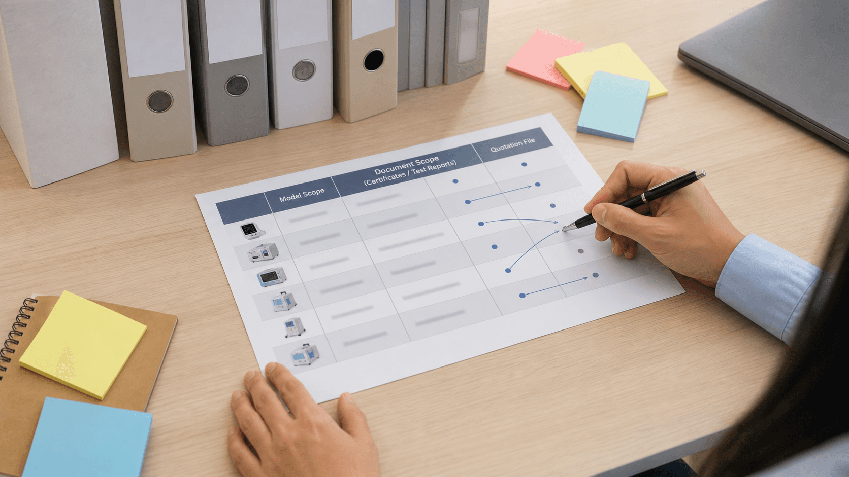 Medical device model scope and document scope matching review on a buyer desk