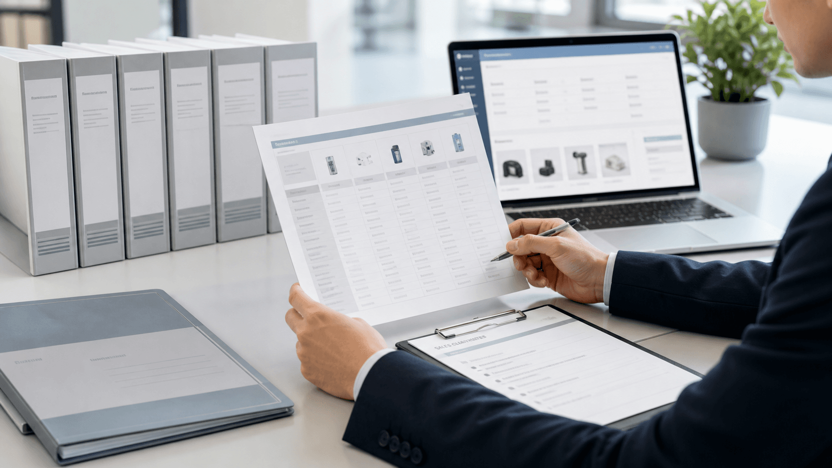Buyer reviewing medical device supplier certificate scope, model references, and sales claim files