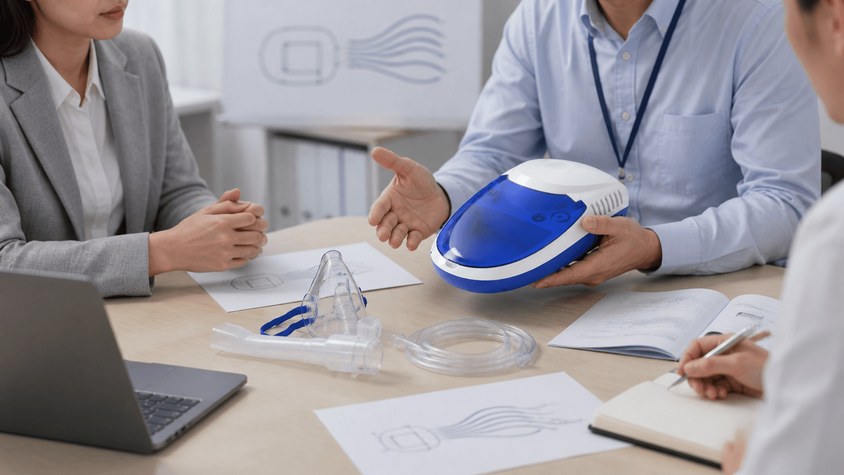 Compressor nebulizer accessory layout and abstract airflow training materials in a B2B meeting