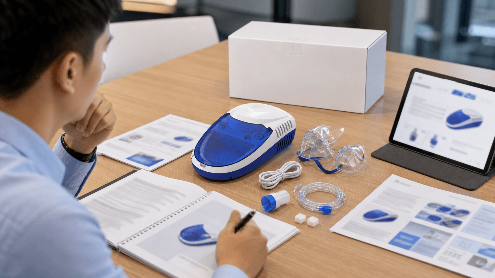 Compressor nebulizer product page, accessory set, carton, and manual reviewed for channel support