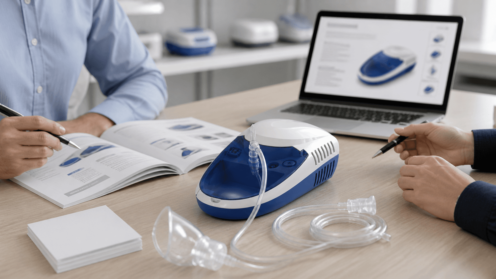Compressor nebulizer sample, tubing, mask, manual, and product education materials on a distributor training desk