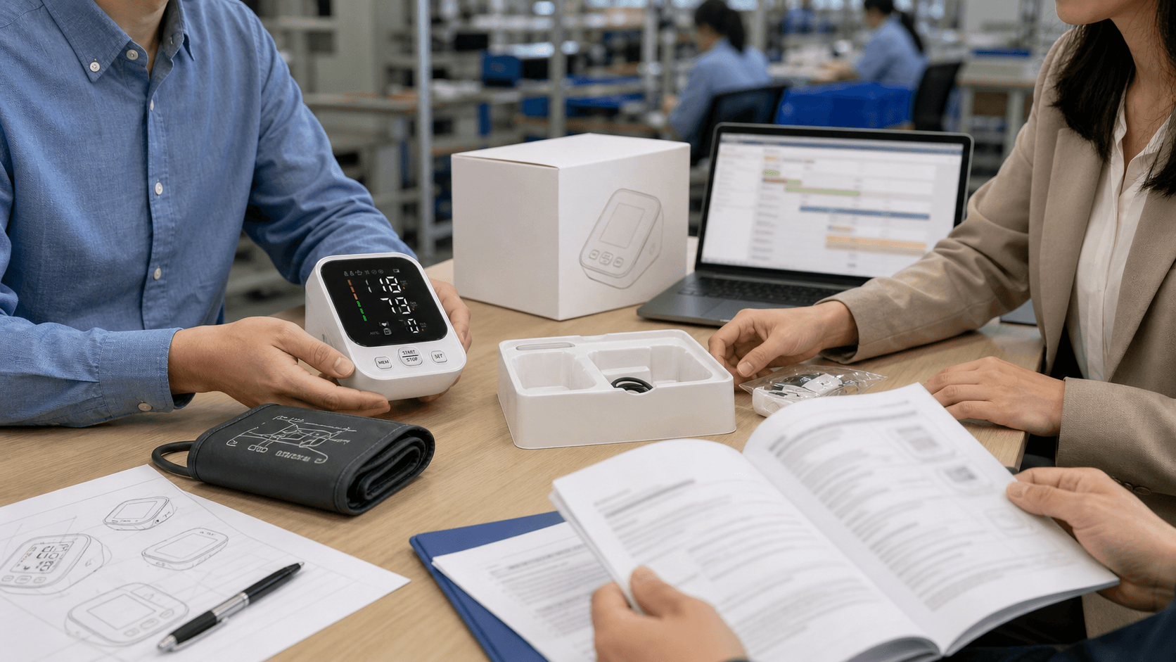 Blood pressure monitor sample, cuff, packaging insert, blank carton, and manual reviewed by OEM buyer and supplier