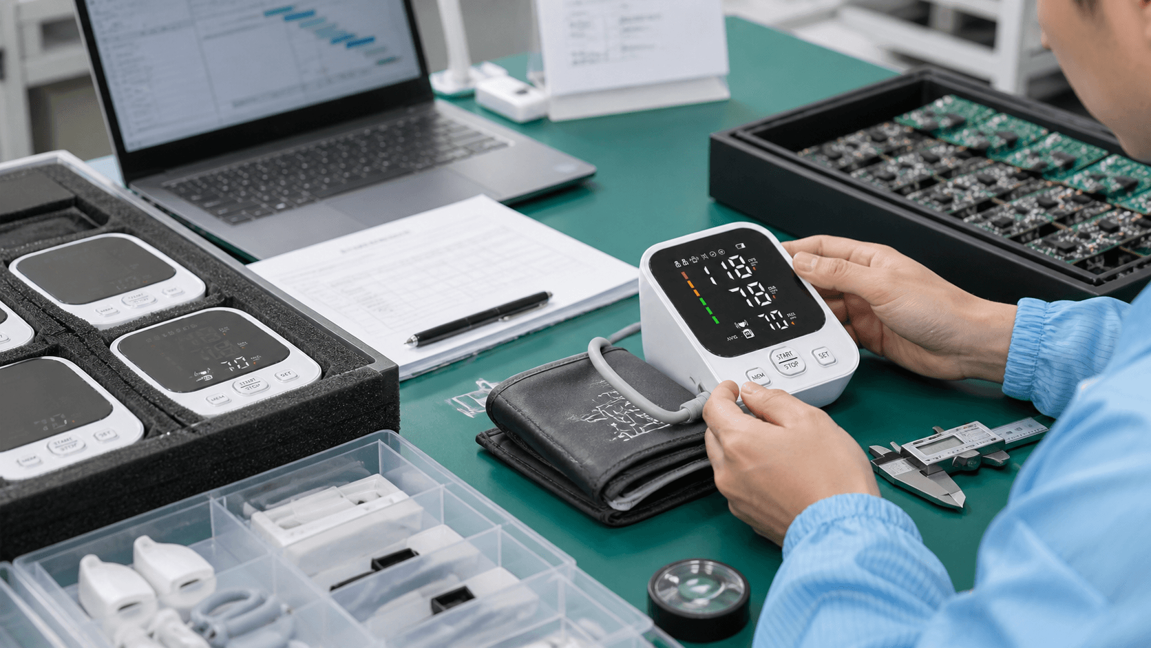 Blood pressure monitor sample, cuff, component trays, and inspection tools reviewed at a QA workbench
