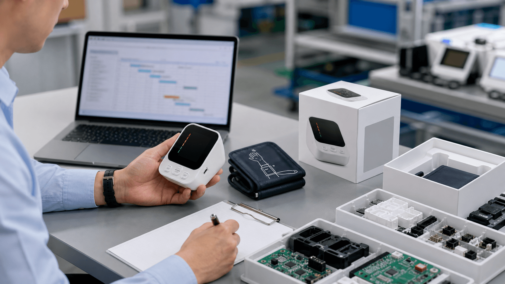 OEM buyer reviewing blood pressure monitor sample, cuff, component trays, packaging mockup, and process timeline