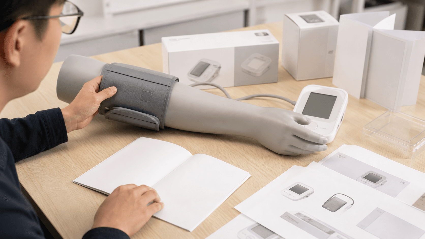 Blood pressure monitor cuff sample reviewed with manual and blank packaging proof
