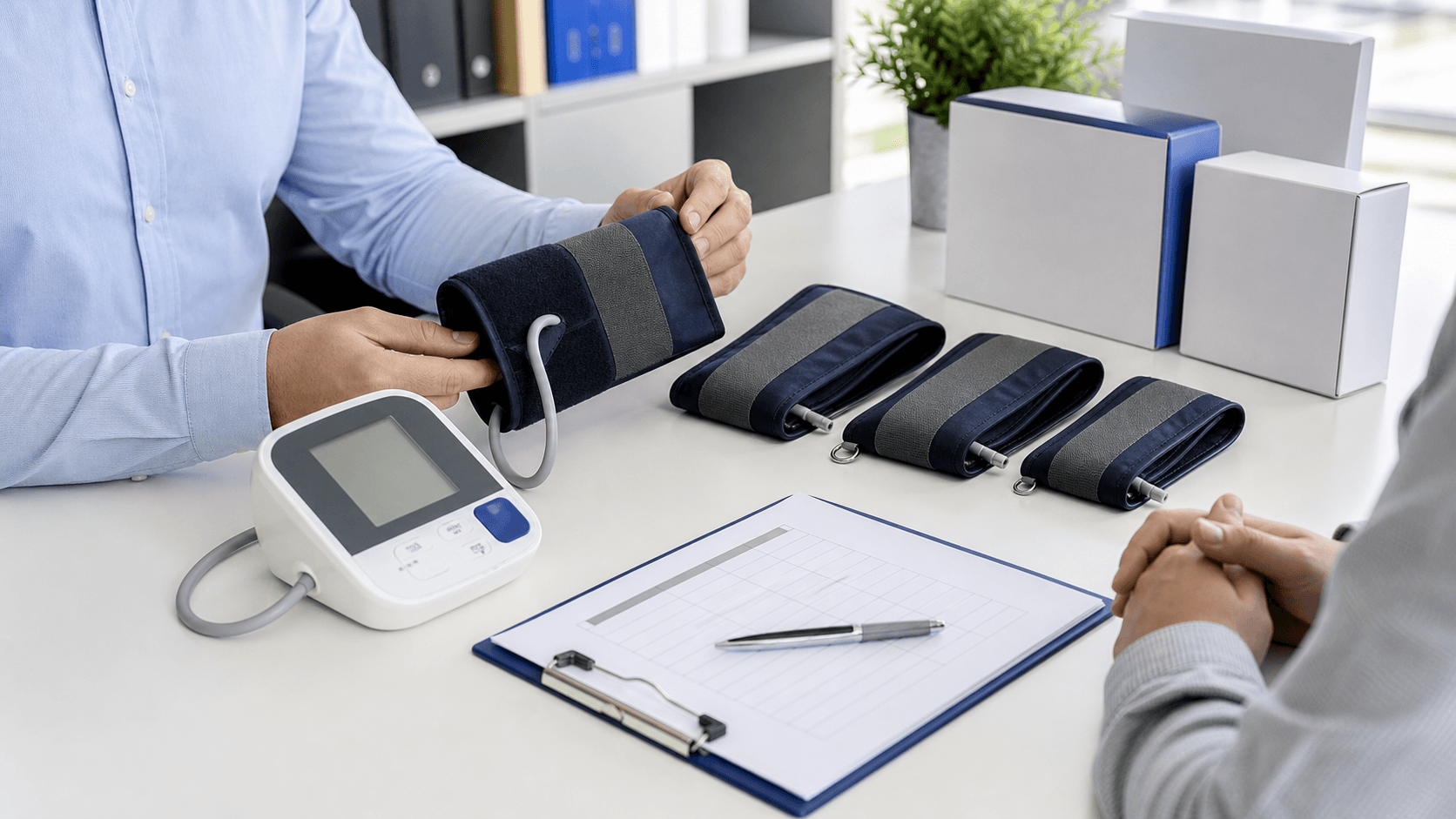 Distributor review desk with an upper-arm blood pressure monitor, cuff options, blank packaging and channel education materials