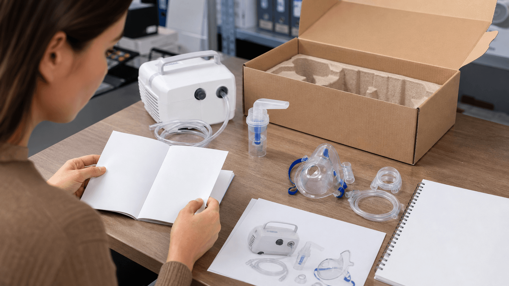 Nebulizer accessory set reviewed with manual and package insert layout