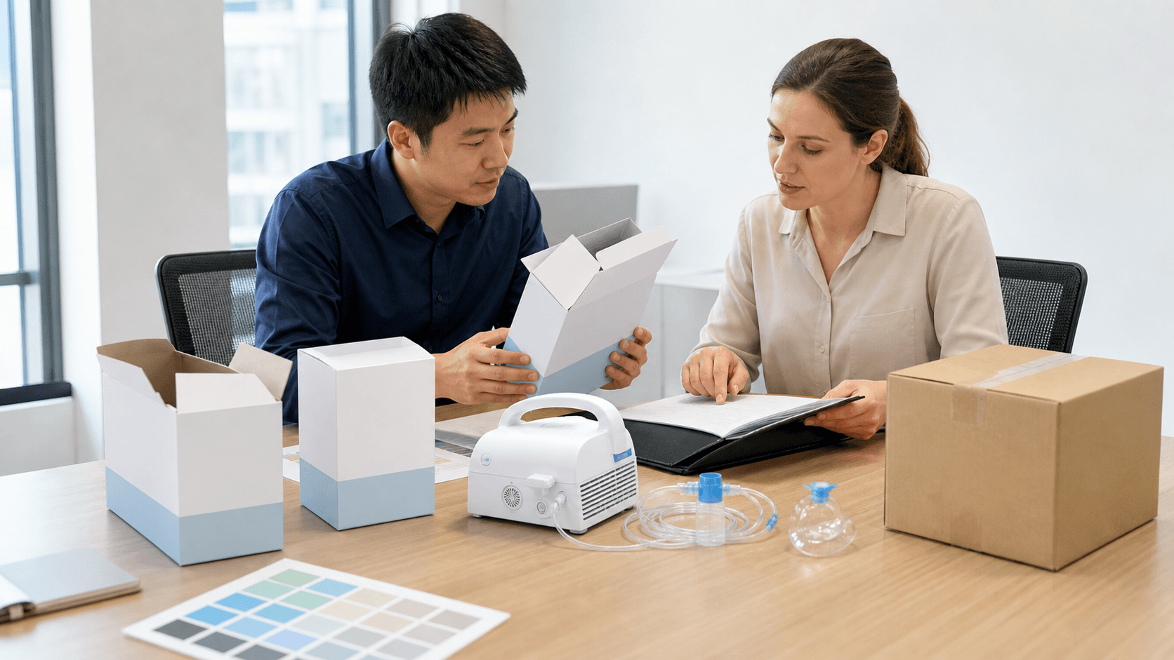 Private label nebulizer packaging sample handoff with blank cartons and review notes