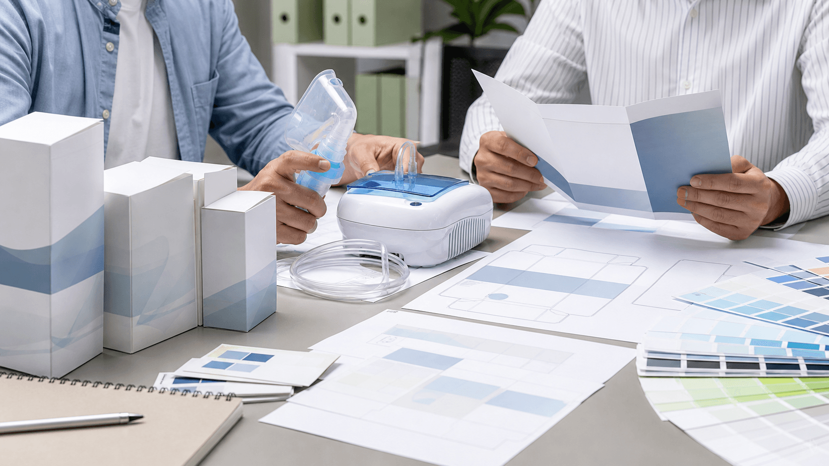 Private label nebulizer packaging workflow with compressor nebulizer sample, blank carton mockups, manual draft and accessory review sheet