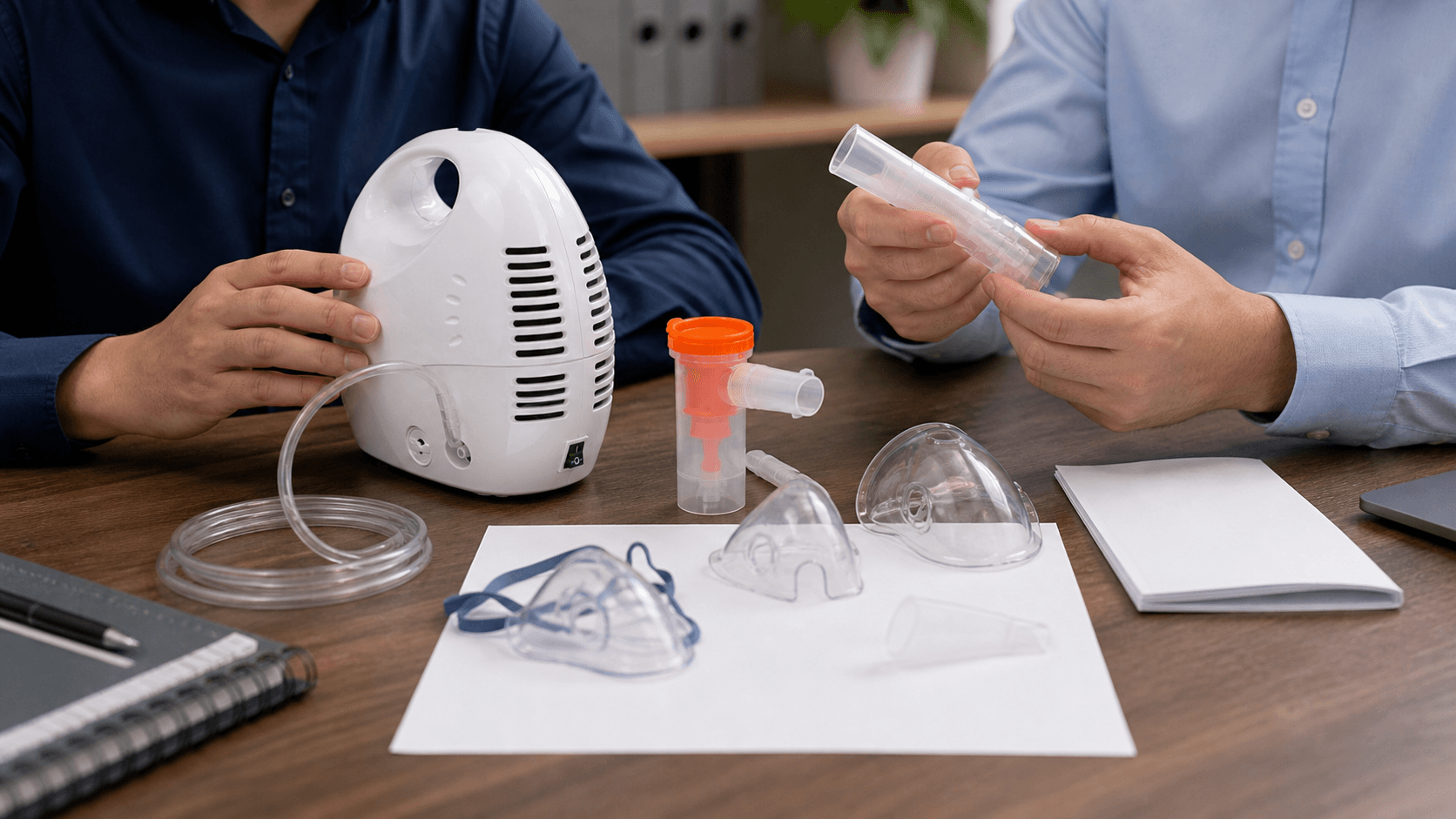 Compressor nebulizer accessories reviewed on a distributor procurement table