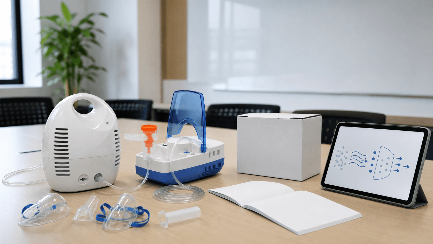 Distributor team reviewing compressor nebulizer samples, accessories, manuals and packaging