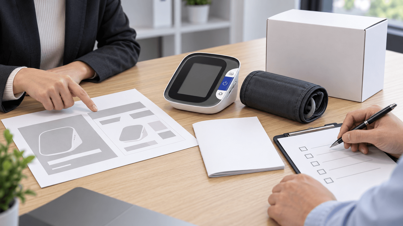Blood pressure monitor artwork review with package dieline and sample