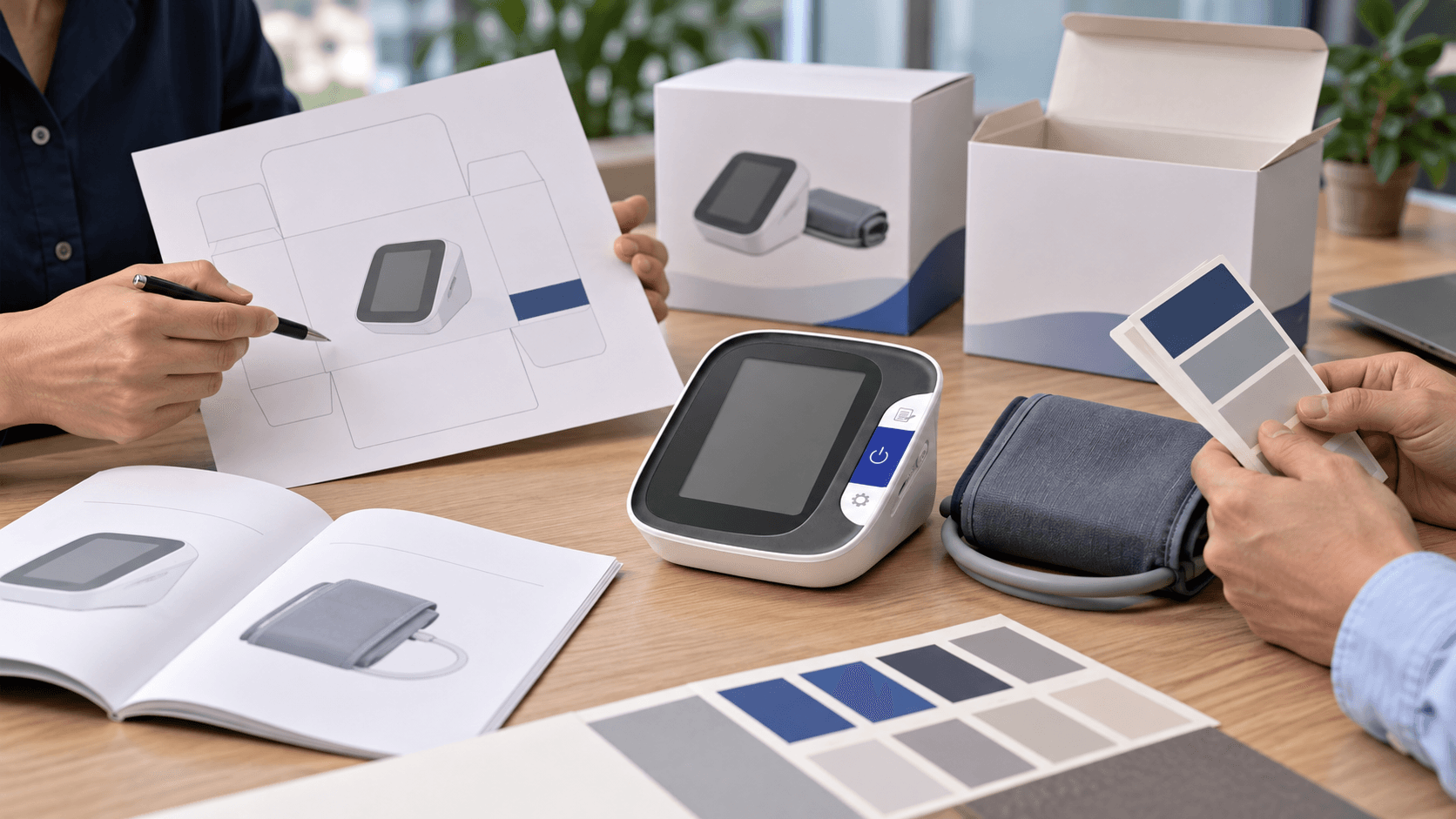 Private label blood pressure monitor packaging and manual review desk