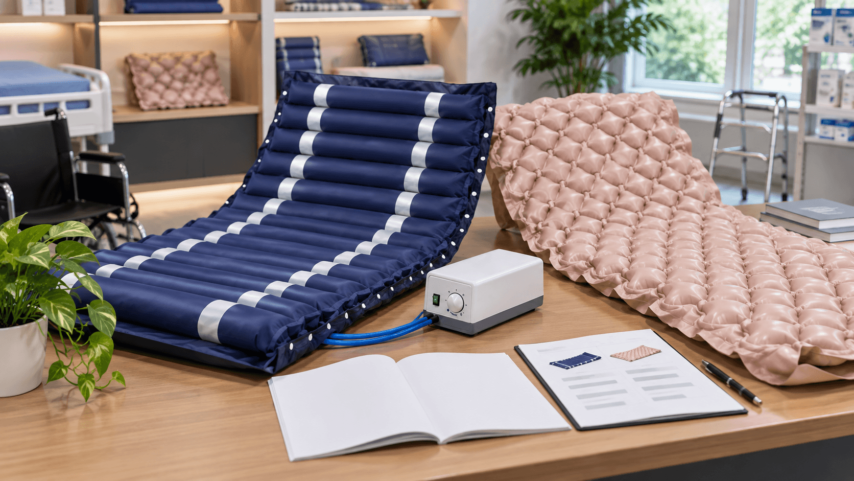 Distributor training scene with tubular and bubble alternating pressure mattress samples