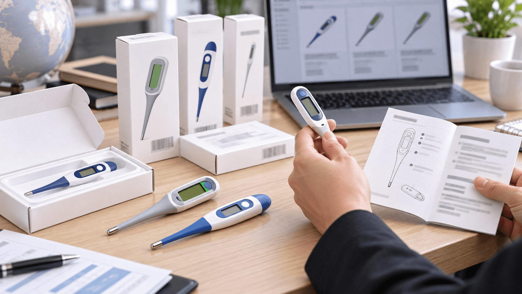 Digital thermometer packaging and manual documentation review desk