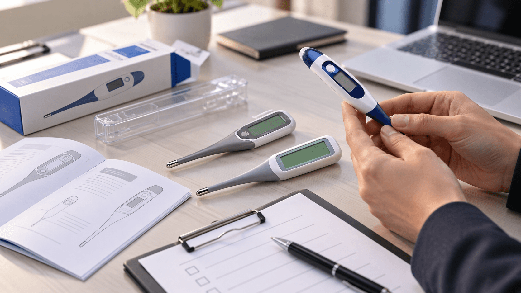Importer review desk with AXDCARE digital thermometer samples and packaging documents