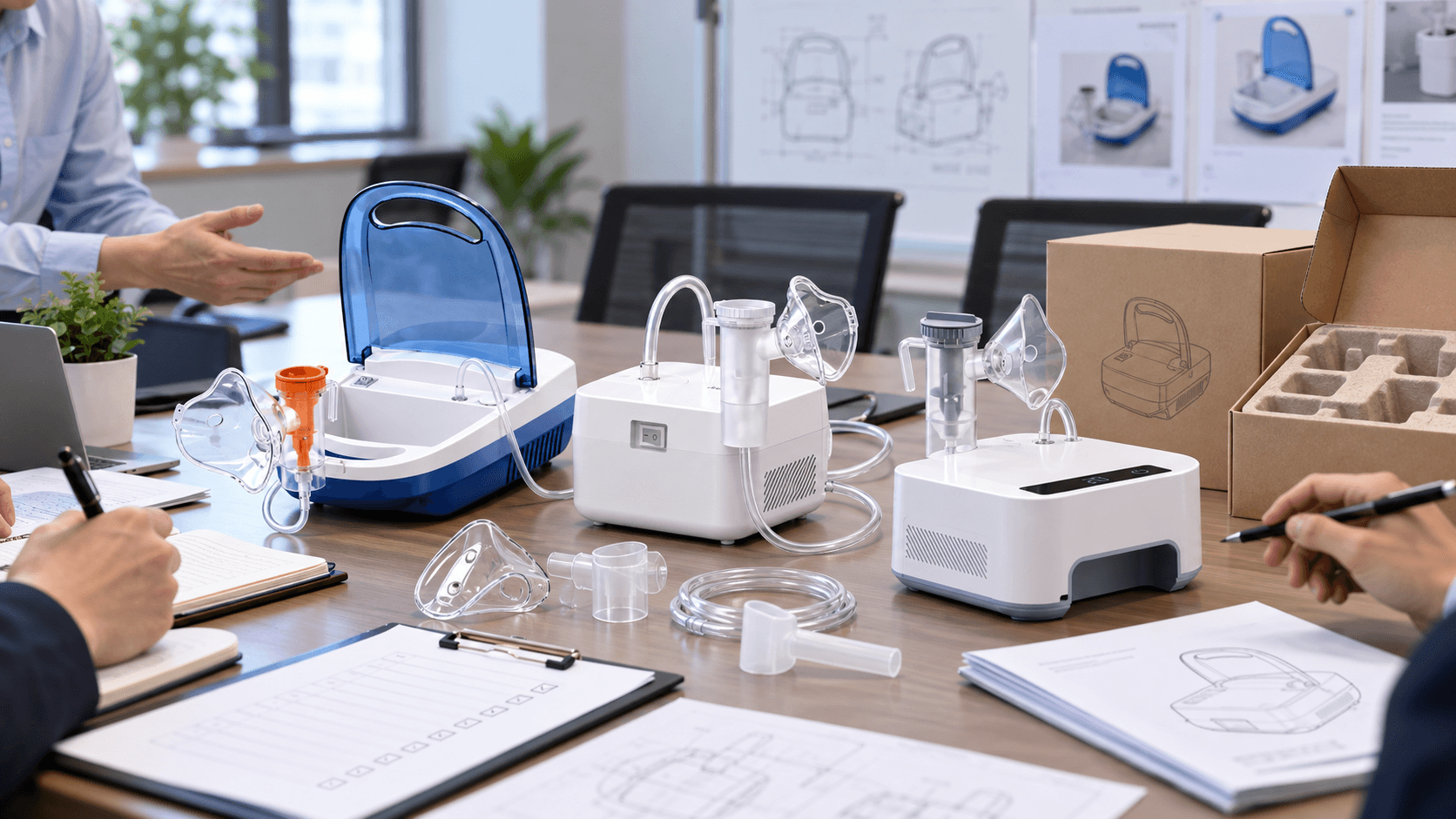 Nebulizer OEM sample approval meeting with compressor nebulizer units and accessory set