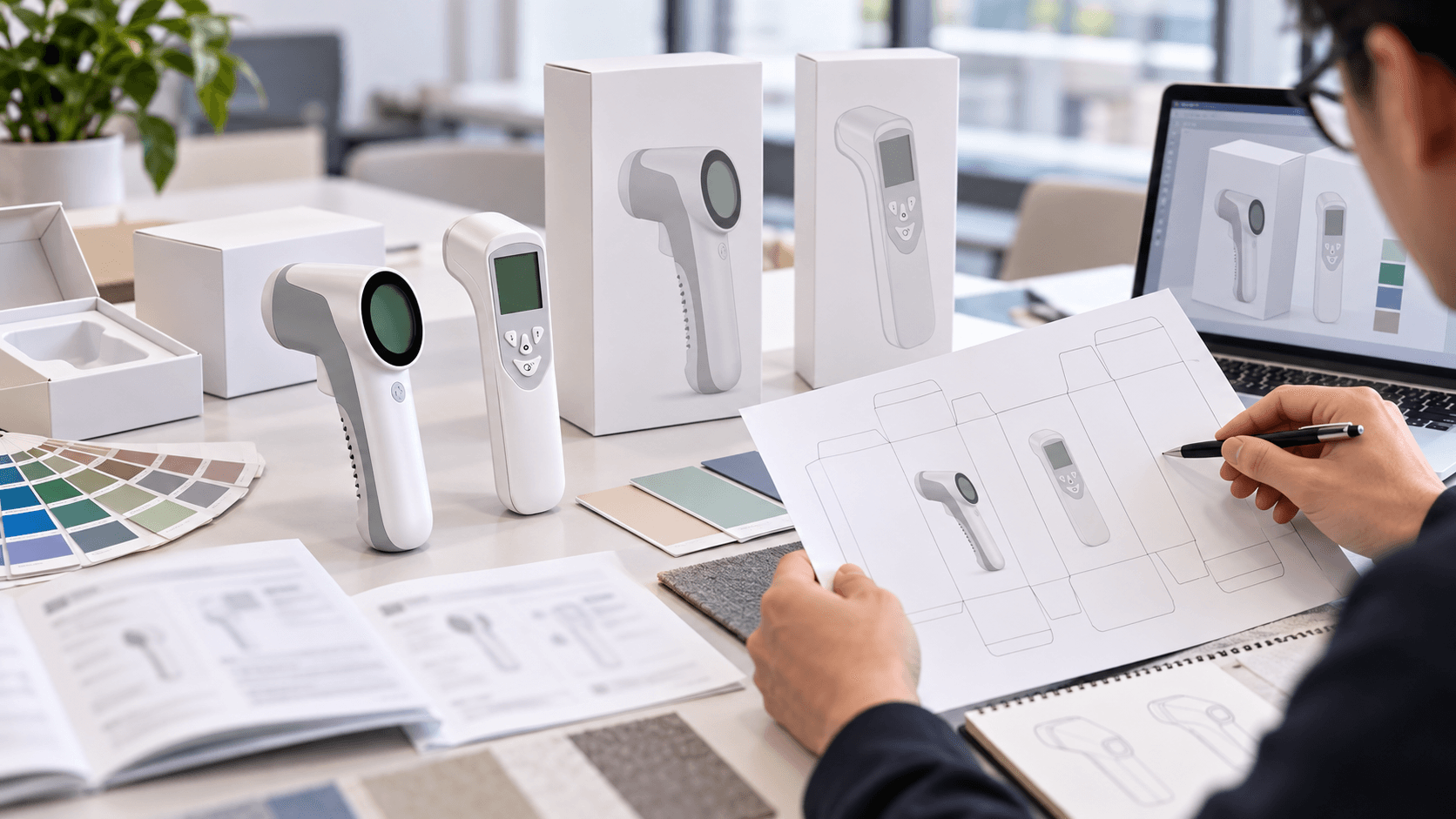 OEM buyers reviewing infrared thermometer packaging artwork and manual files