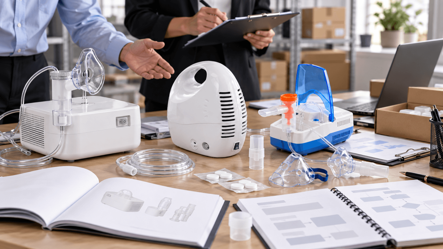Distributor reviewing compressor nebulizer accessories and support materials