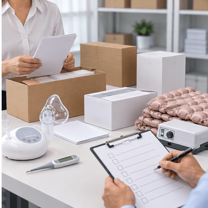Packaging QA handoff with manuals product samples and blank checklist
