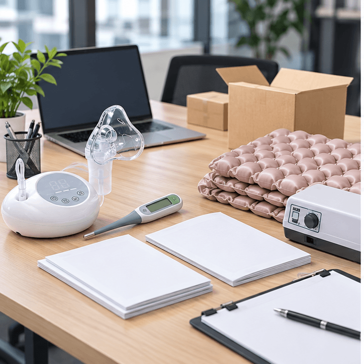 Importer documentation desk reviewing IFU files with home healthcare product samples