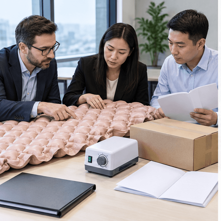 B2B buyers reviewing bubble air mattress sample pump carton and manual files
