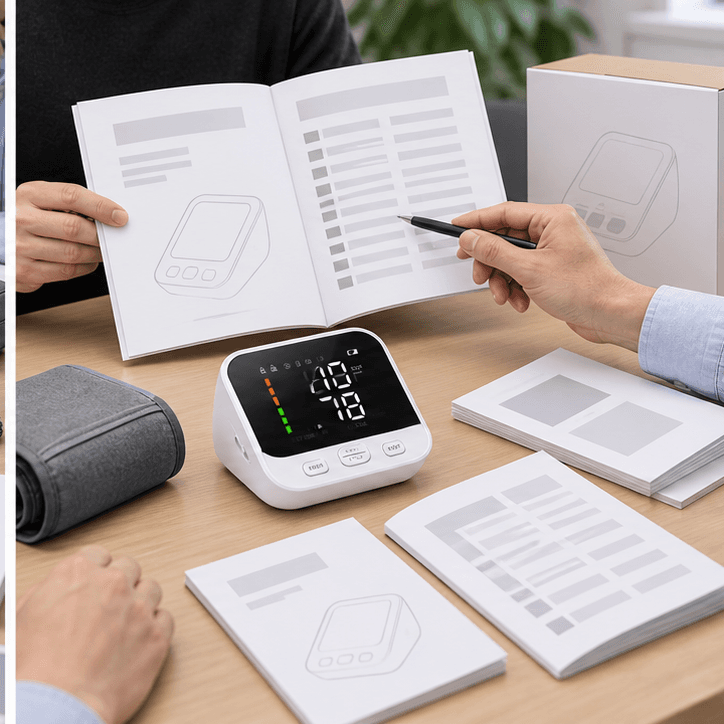 Blood pressure monitor manual localization layout review with product sample and cuff