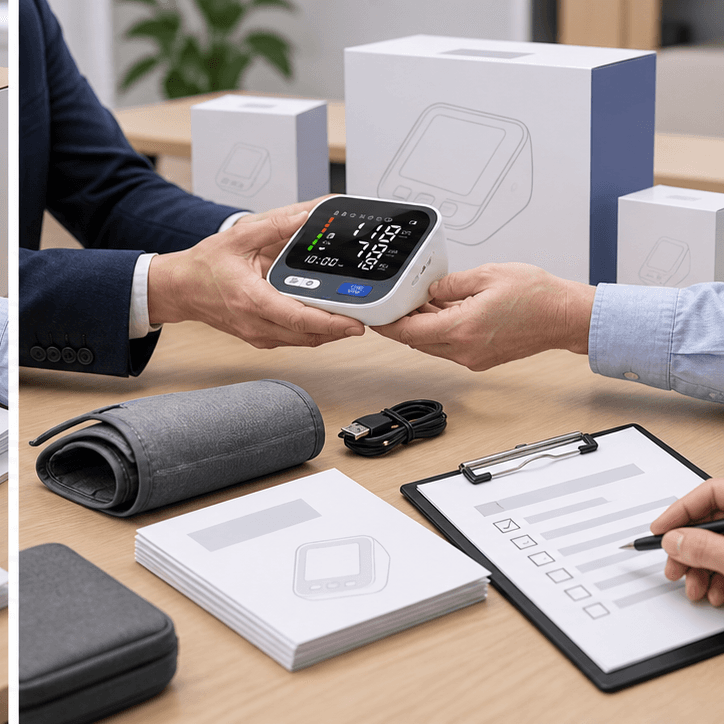 Blood pressure monitor sample approval handoff with manual packet and packaging proofs