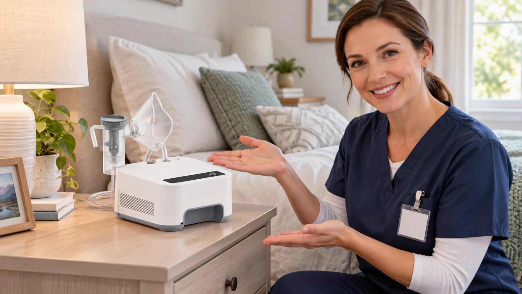 Compressor nebulizer placed on a stable side table during home-use education