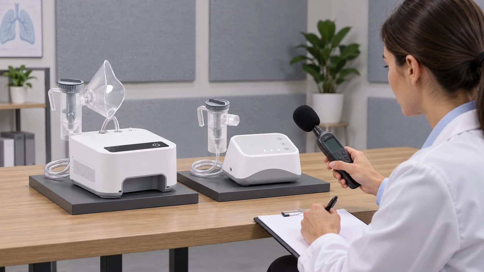 Product specialist comparing two compressor nebulizers in a controlled demonstration