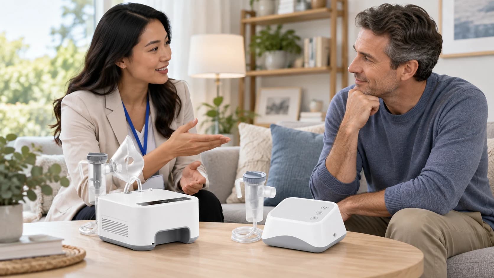 Distributor explaining compressor nebulizer sound expectations in a home-use demonstration room