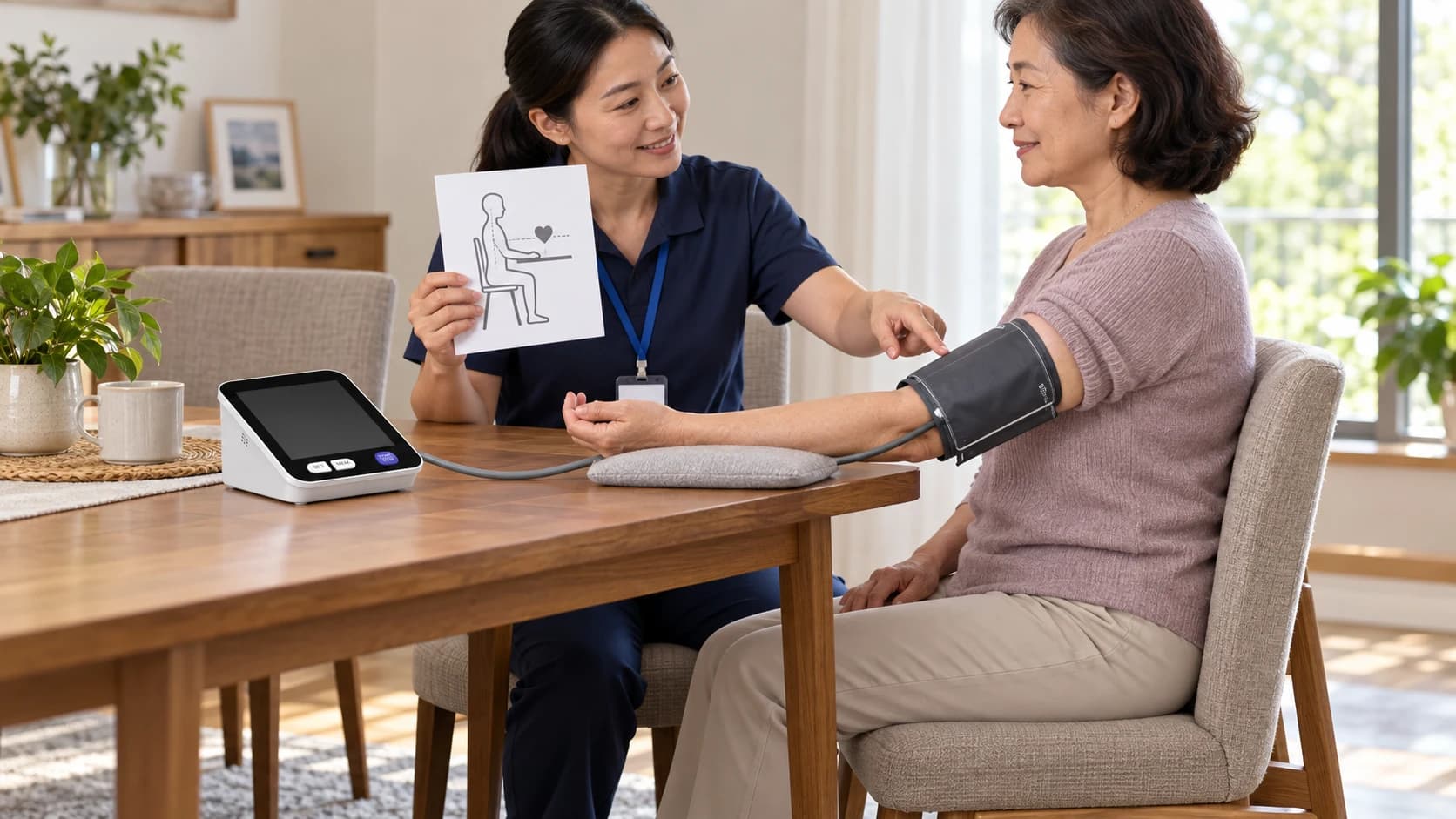 Home-care educator checking upper-arm blood pressure measurement posture and cuff placement