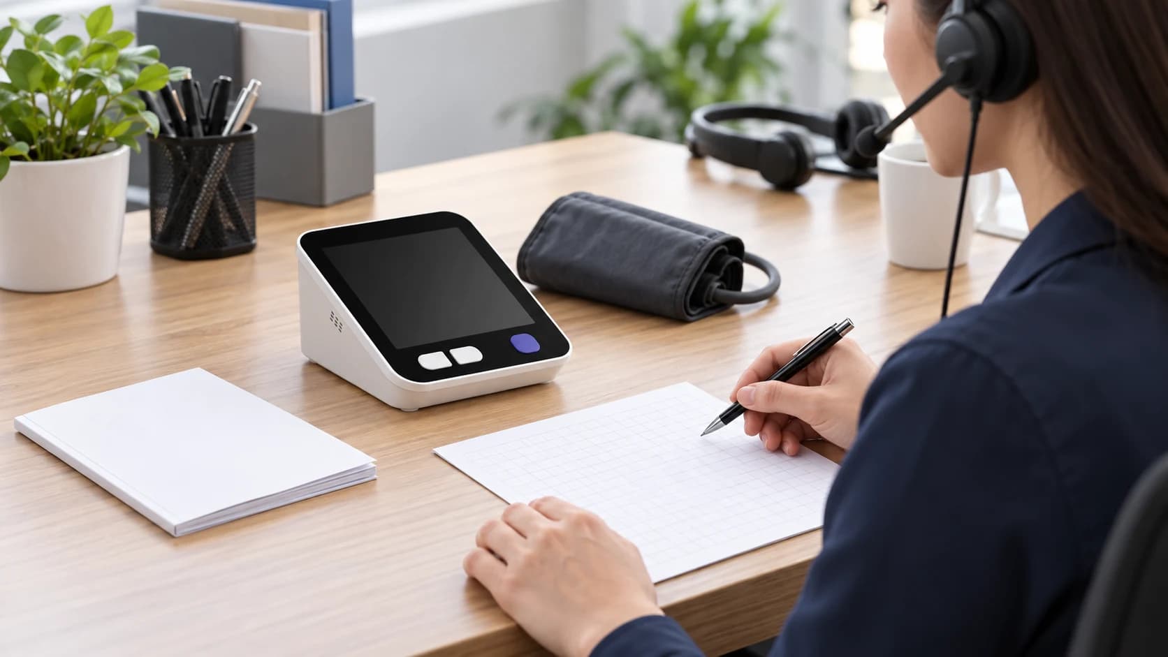 Distributor support specialist reviewing a blank blood pressure reading log and model instructions