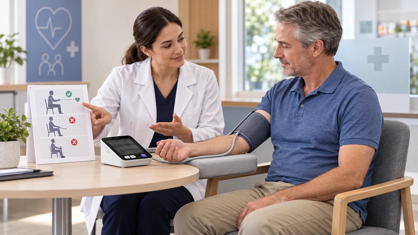 Pharmacy educator showing a user how measurement conditions can affect home blood pressure readings